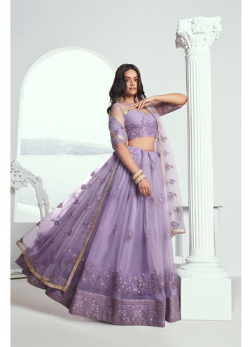 Trendy Lilac net Lehenga with sequin thread embroidery comes designer blouse.
